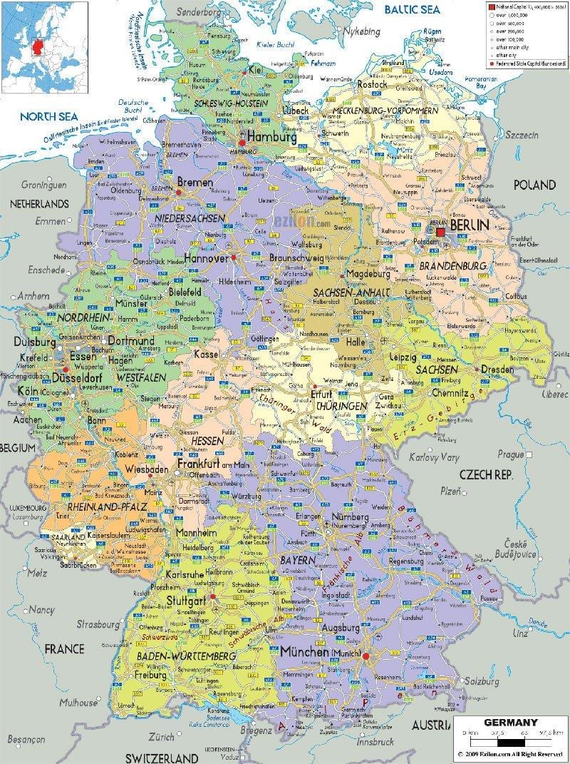 Дорожная карта Германии с городами и поселками